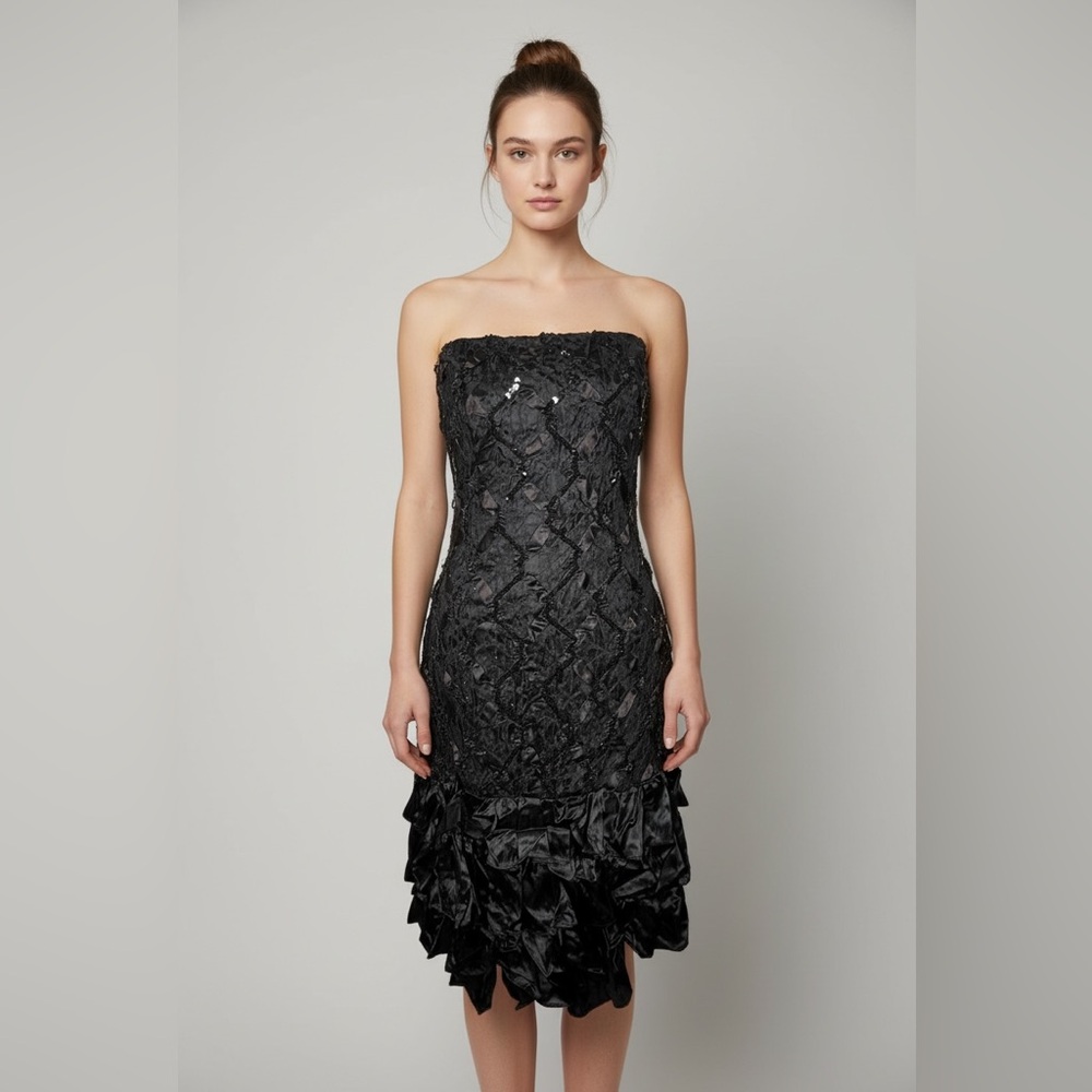 Vintage Y2K late 90s  L.A GLO Strapless Black Lace Textured Cocktail Dress